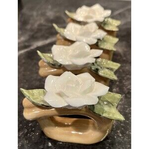 Pia Bone China Napkin Rings Holders Set of 4 White Rose Floral Hand Painted